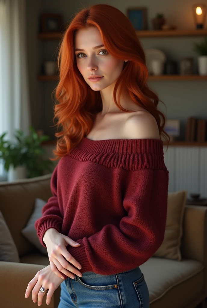 (photorealism:1.2), Beautiful woman with red hair, red sweater, brown eyes, jeans, standing up, realistic, living room background, wedding ring