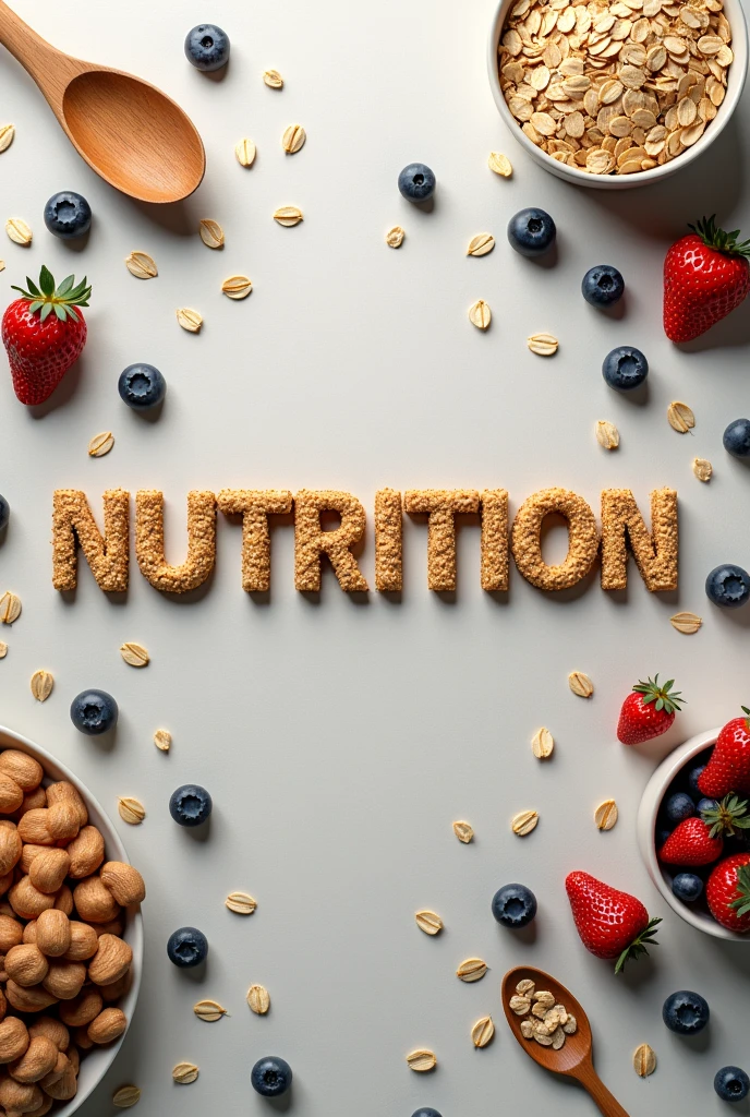 (photorealism:1.2) I need you to make lettering with oats that says nutrition, add more things around it, add spoons, dishes, blueberries and strawberries change the background