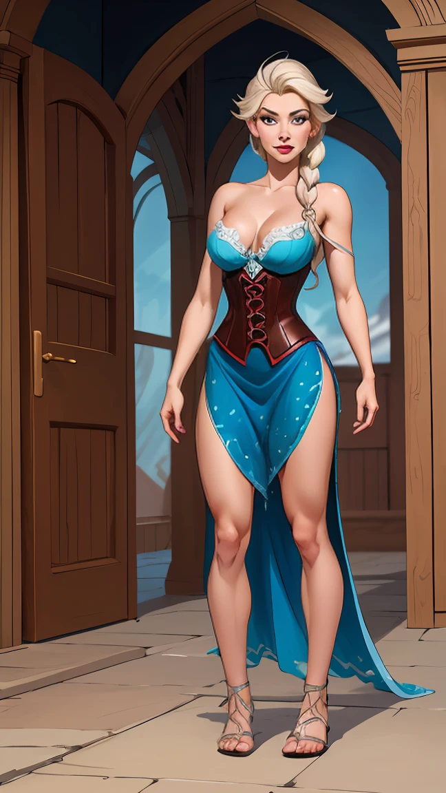 ((Full body photo, standing, feet on the floor)) Beautiful character pose in dynamic pose two women together Queen Anna of Arendelle redhead with 1,60cm on the left and together with platinum blonde Elsa of Arendelle with 1,75cm straight with symmetrical body with corset and beautiful breasts, corpo bem definido, delicado e sensual, estilo de desenho animado, Cartoon style digital illustration , gladiator sandal