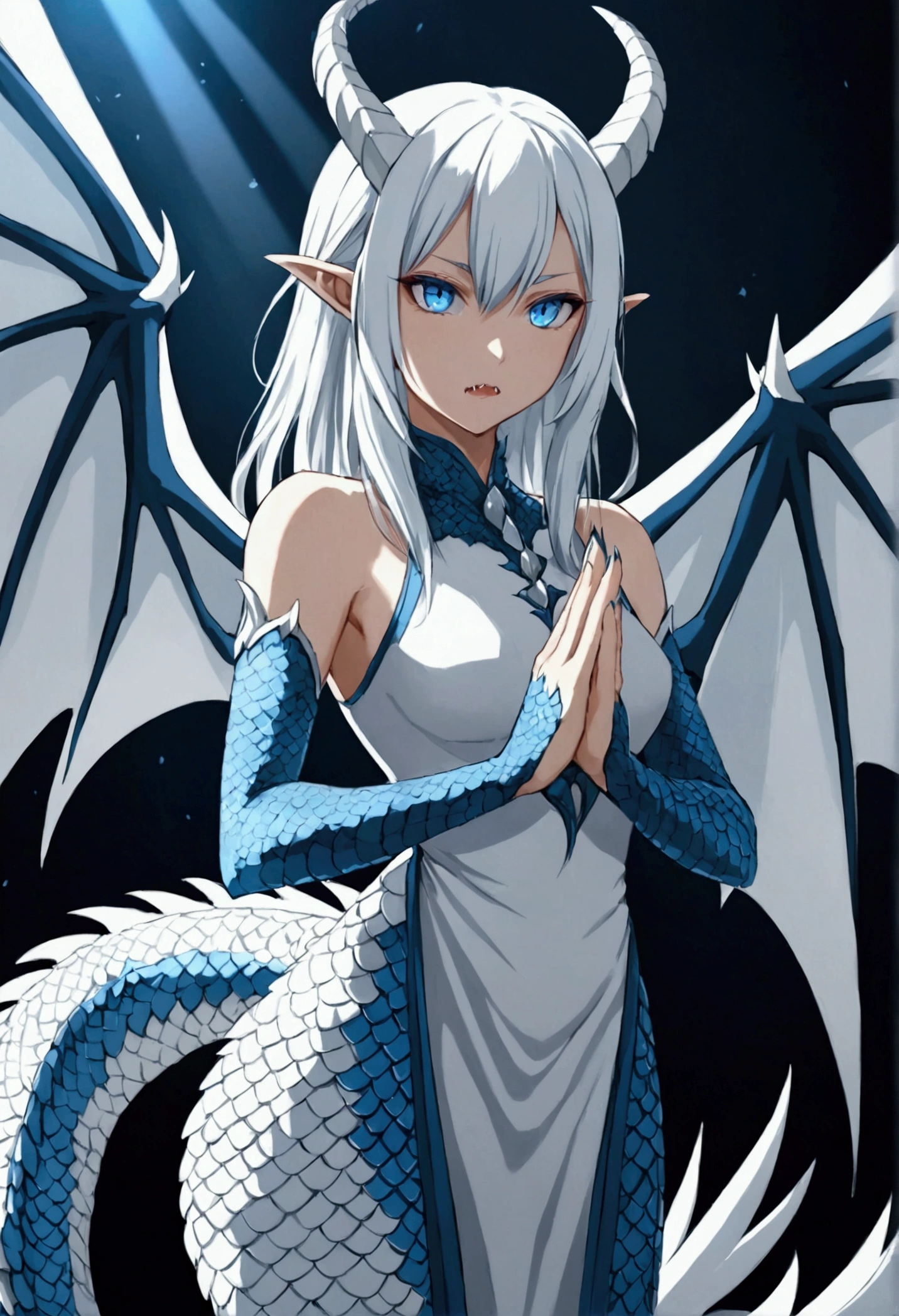 20 Female Dragon Hybrid with little horns, a Long Tail, Wings, Sharp fangs, Claw like Hands and White scales Covering her body, White Hair and blue eyes in Anime Style 