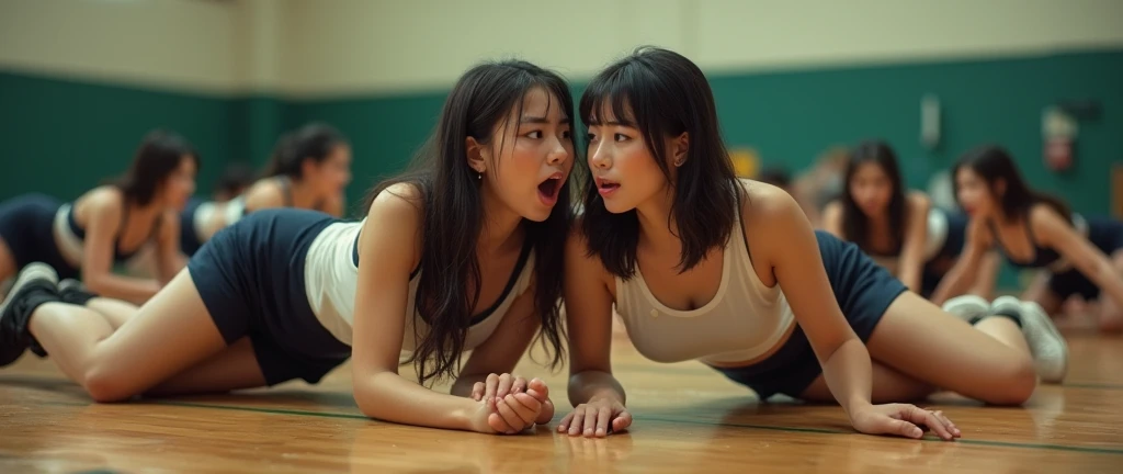 Two girls doing athletics,On all fours,Push up your butt, eye contact,Yuri,Soaked in sweat、tan、Beautiful ass、Small breasts、White sports bra,White Bloomers、Small Ass,Compression shorts, Pussy juice stain,18-year-old,Embarrassed face,Short Hair, deal ratio body proportions, indoor,Front light、Moriman、Pussy Line