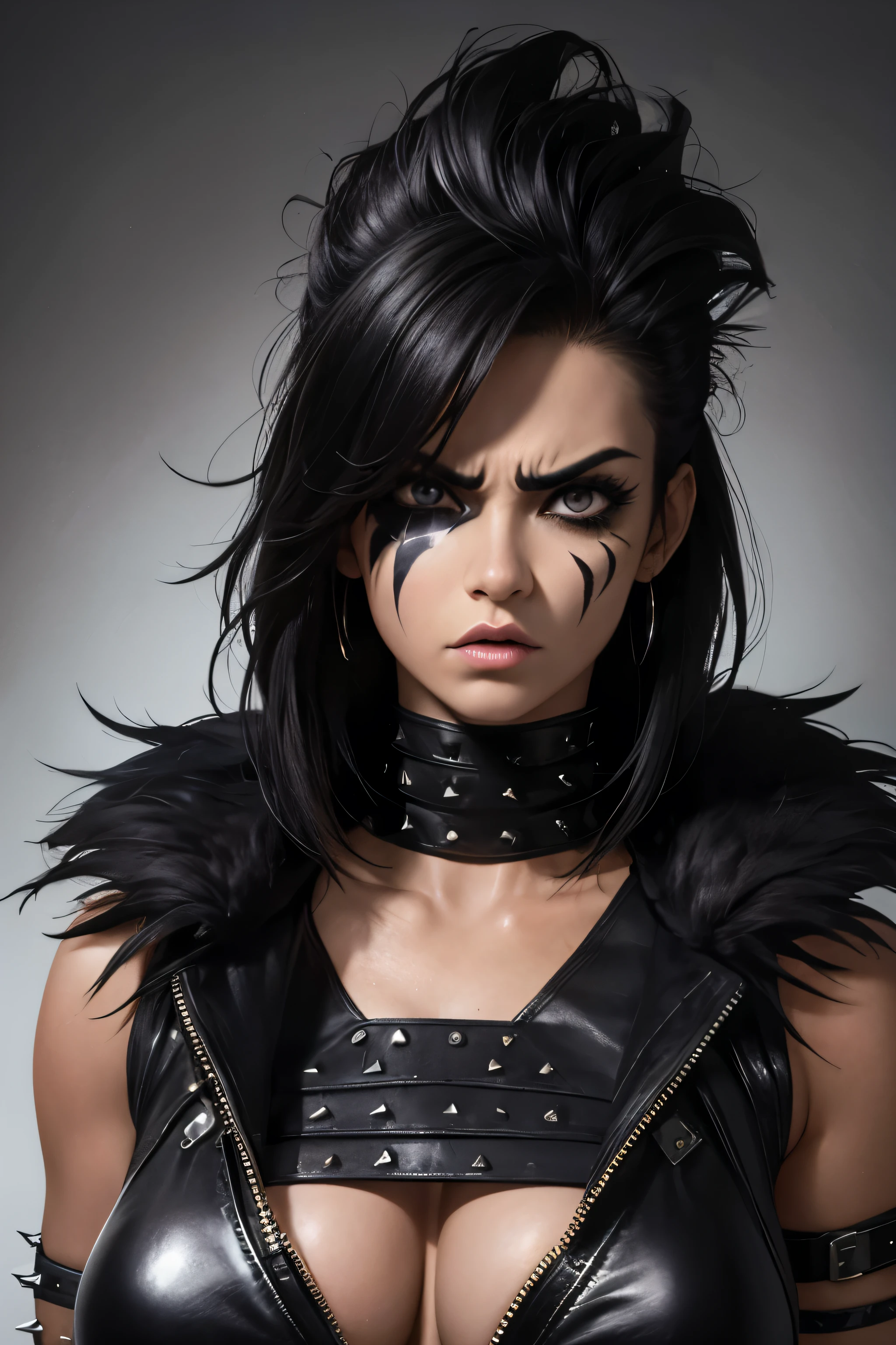 Woman, Black Hair, Black Eyes, Large Breasts, Post Apocalypse, Spiked Shoulder Pads, Mowhawk Hair, Black Face Paint, Black Leather Vest, Scavenger Muscular, Angry Face