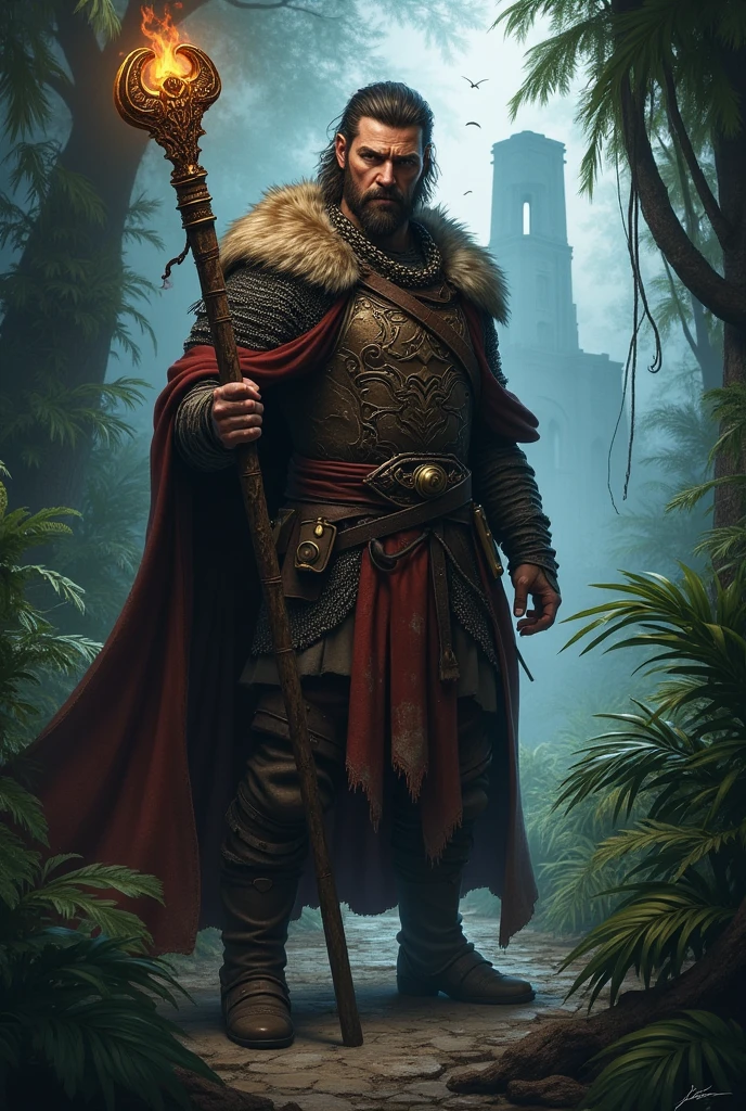 Create an image of Galen, a battle-hardened mercenary from a fictional medievial worl. He should have a rugged apperance, with a not muscular build. Vorn wears a mix of worn-out robe armor and chainmail, showing sings of wear but still functional. He carries a mysterious, ancient staff with intricate carving and faint, glowing aura. His expression is serious and determined, reflecting his rentless pursuit of truth and power. Vorn stands in dense, dark jungle with tall, exotic plants around him, The evironment should fell mysterious and foreboding, with the distant silhouette of ancient ruins. paritally visible through the foliage. The overral atmosphere should be tense and eerie, capturing the sens of and impending discovery of danger