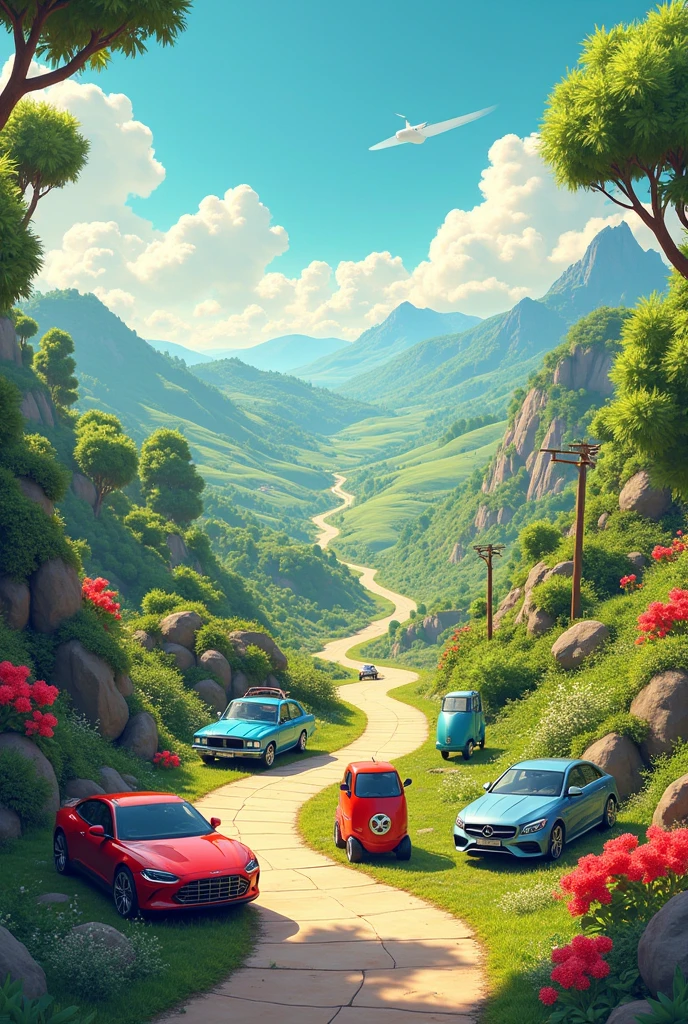 Images with 3 natural landscape elements and 3 human-created landscape elements, as cars, Skateboards, scooter volantines