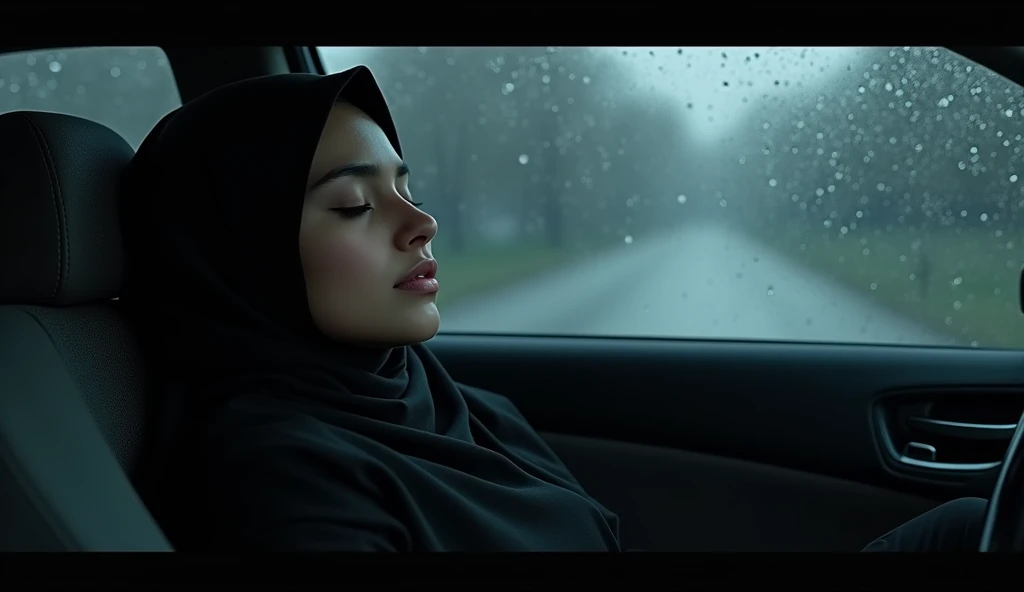Black hijab girl sleeping in car, midnight rain in the car glass Rain drops