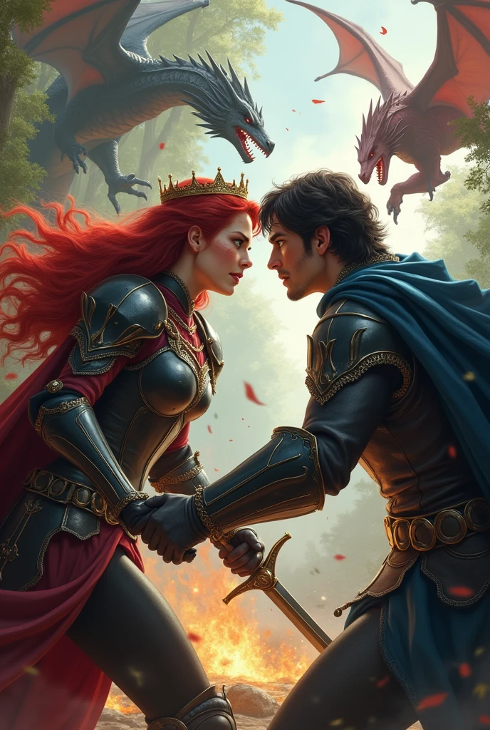 A princess with her crown, Red hair color, blue eyes and freckles on his face, he has black armor and with a sword in his right hand he clashes with another and his sword in hand a prince with his crown, gray eyes, black hair and black armor and in the background is a forest with dragons throwing fire, both look at each other with hatred while their swords clash to kill each other