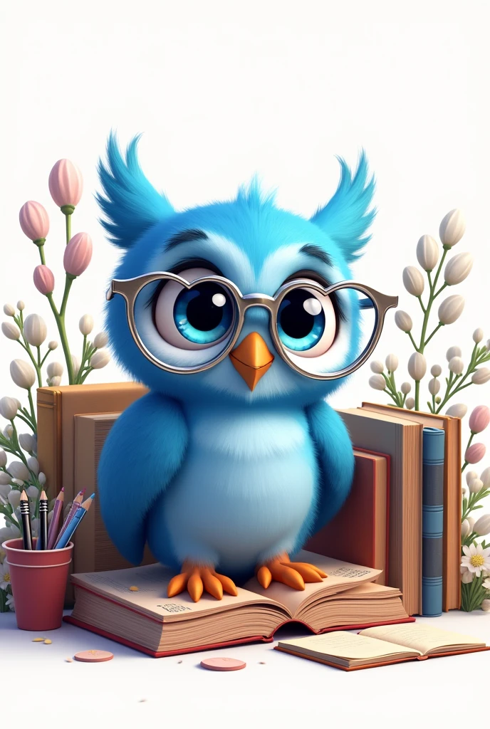 an owl surrounded by books, cute owl in disney pixar style, with books, and a pencil holder, with pencils and books that remind us of the owl, the owl is wearing silver glasses that are heart shaped, blue owl with blue eyes, cute appearance, poucos livros e fundo branco with books e flores, Pixar-style
