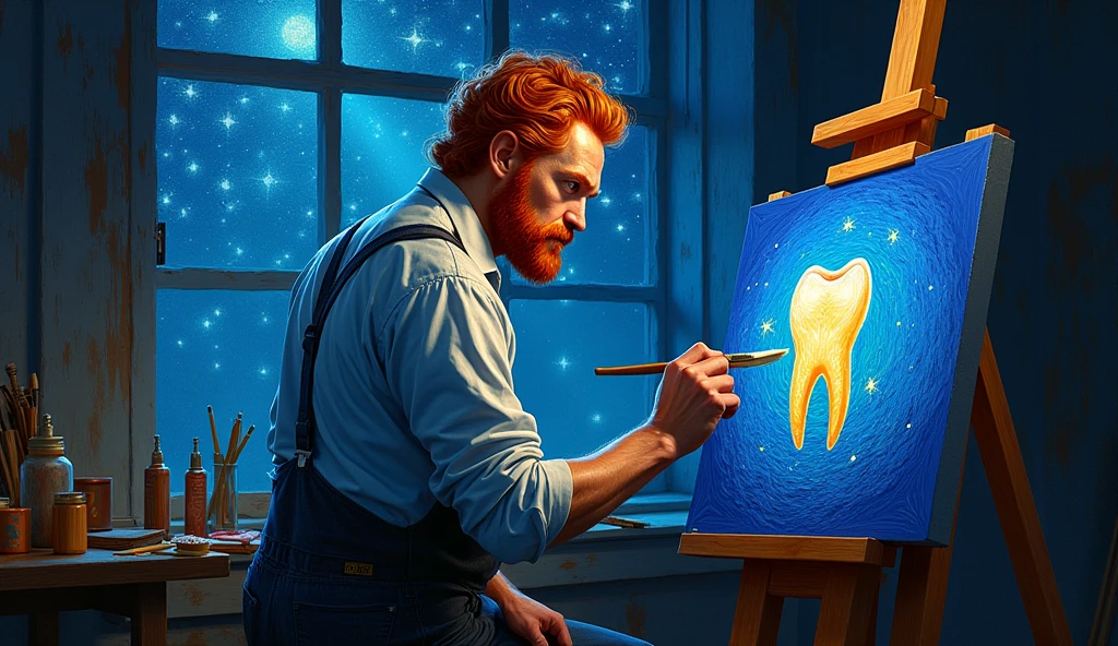 the painter van gogh with red hair, more adult personality, making a painting of a tooth on canvas with a starry night background