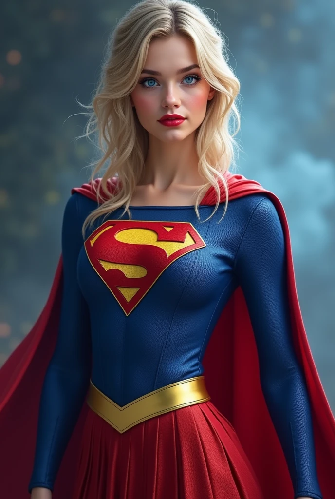 A SEXY AND BUSTY 17 YEAR OLD YOUNG TEEN GIRL WITH BLONDE HAIR DONE UP NICLEY, AND DAZLING BLUE SAPHIRE EYES, WEARING A SPANDEX 1984 BLUE SUPERGIRL COSTUME COMEPLETE WITH A LONG READ PLEATED SKIRT WITH A YELLOW SUPERGIRL BELT, A PAIR OF RED HEELED BOOTS WITH YELLOW TRIM, AND A LONG FLOWING RED CAPE WITH THE GOLD "S" EMBLEM. RED LIPSTICK, RED FINGERNAILS. INCREDIBLY DETAILED GLOWING SKIN, INCREDIBLEY DETAILED FACE, INCREDIDBLEY DETAILED CLOTHING, TEXTURED SKIN PORES, TEXTURED HAIR, 8K ABSURD RESOLUTION, MASTERPIECE. PHOTO REALSITIC, HYPER REALISTIC. MYSTICAL BACKGROUND. 16K RESOLUTION. PREFESSIONAL GRADE IMAGE.