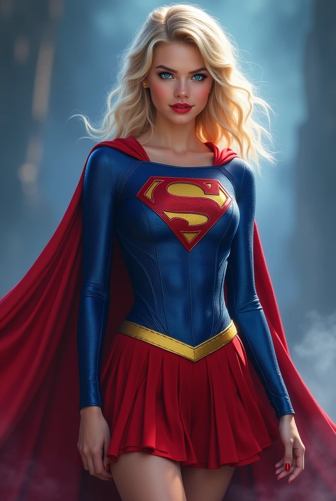 A SEXY AND BUSTY 17 YEAR OLD YOUNG TEEN GIRL WITH BLONDE HAIR DONE UP NICLEY, AND DAZLING BLUE SAPHIRE EYES, WEARING A SPANDEX 1984 BLUE SUPERGIRL COSTUME COMEPLETE WITH A LONG READ PLEATED SKIRT WITH A YELLOW SUPERGIRL BELT, A PAIR OF RED HEELED BOOTS WITH YELLOW TRIM, AND A LONG FLOWING RED CAPE WITH THE GOLD "S" EMBLEM. RED LIPSTICK, RED FINGERNAILS. INCREDIBLY DETAILED GLOWING SKIN, INCREDIBLEY DETAILED FACE, INCREDIDBLEY DETAILED CLOTHING, TEXTURED SKIN PORES, TEXTURED HAIR, 8K ABSURD RESOLUTION, MASTERPIECE. PHOTO REALSITIC, HYPER REALISTIC. MYSTICAL BACKGROUND. 16K RESOLUTION. PREFESSIONAL GRADE IMAGE.
