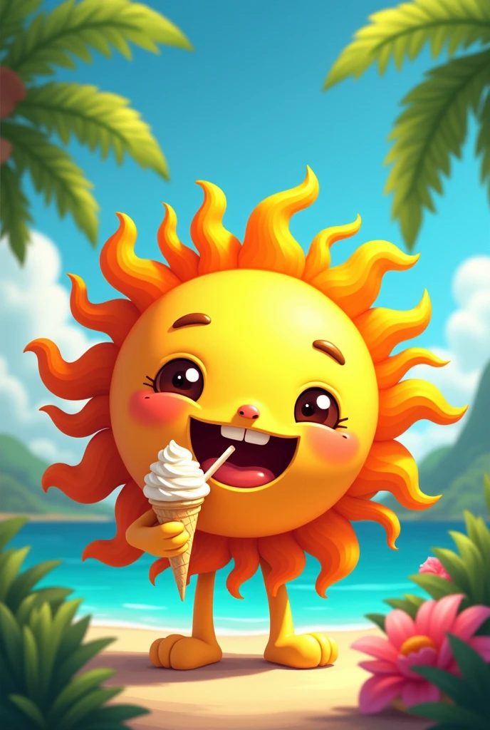 A tropical animated sun eating ice cream with a straw in Venezuela and offering one to share 
