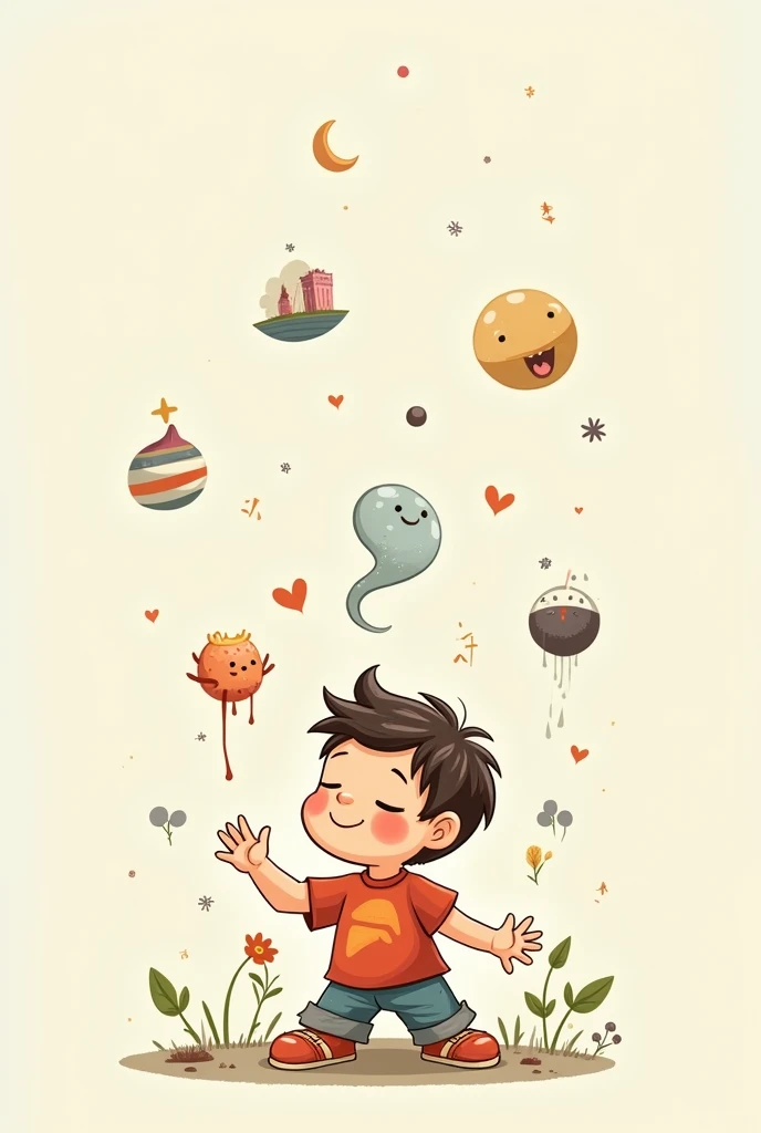 Draw a cartoon of a boy with his eyes closed and touching an object, with small images around them that represent their mental interpretation of those objects