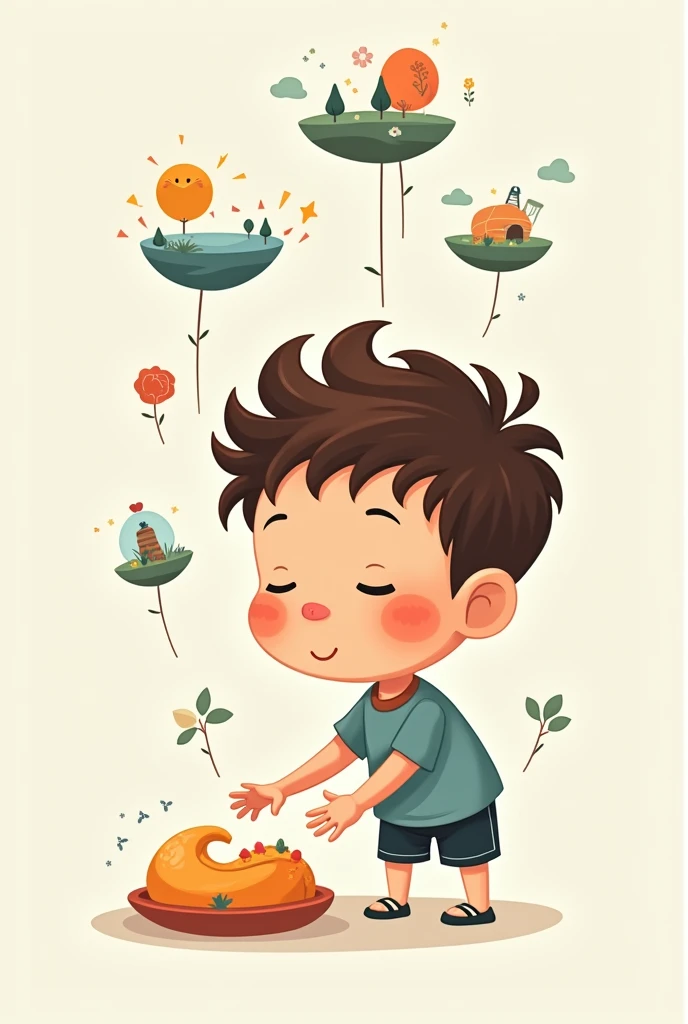 Draw a cartoon of a boy with his eyes closed and touching an object, with small images around them that represent their mental interpretation of those objects