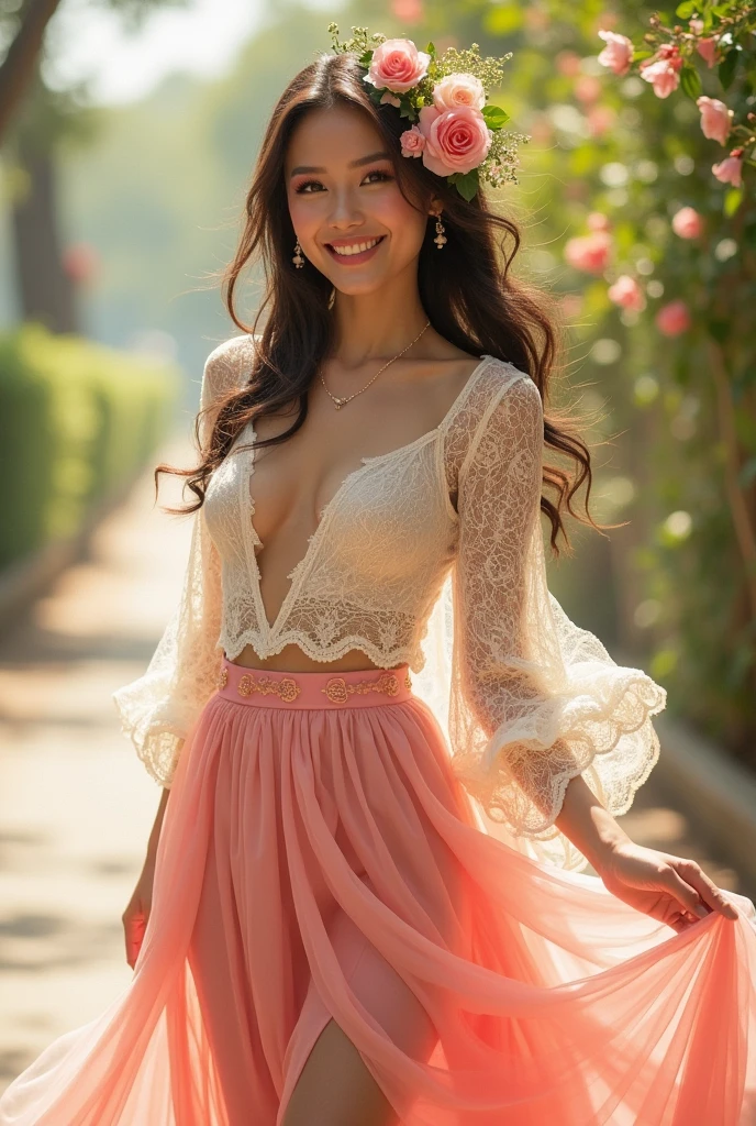 Ultra high quality，High heel，Lace Shawl，Smile，Sunlight，Pink skirt，Wear flowers on your head，charming，Ribbon，Show full body