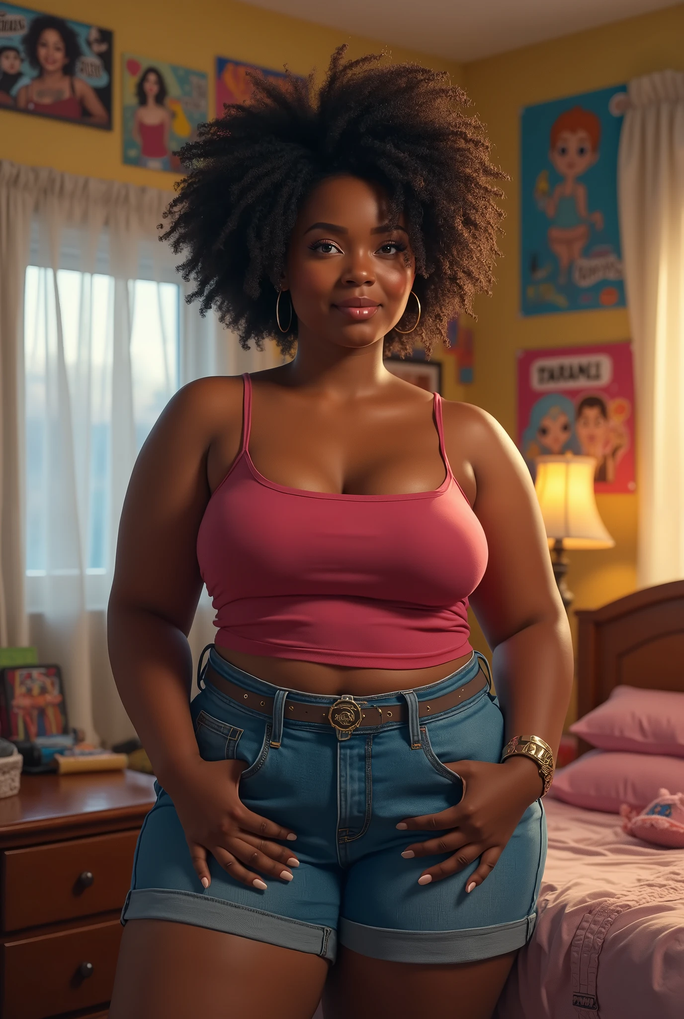 Chubby Brazilian woman with dark brown skin, 2, curly frizzy hair with chemical cut and little hair, in a age room with posters on the walls, realisitic