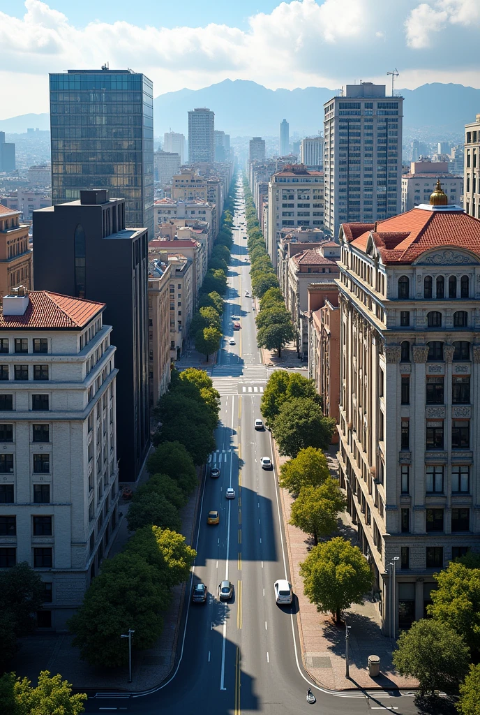 You have semi-high residential and office buildings that are separated, with a different design each one of them on an avenue in the city of Arequipa. Have an aerial view 