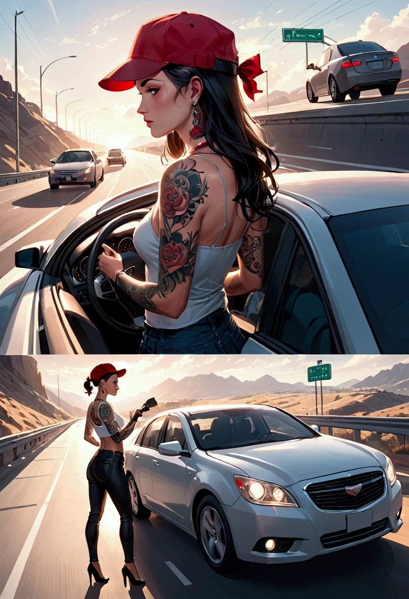 Illustrate a driver on the highway picking up a woman with lots of tattoos and a red hat