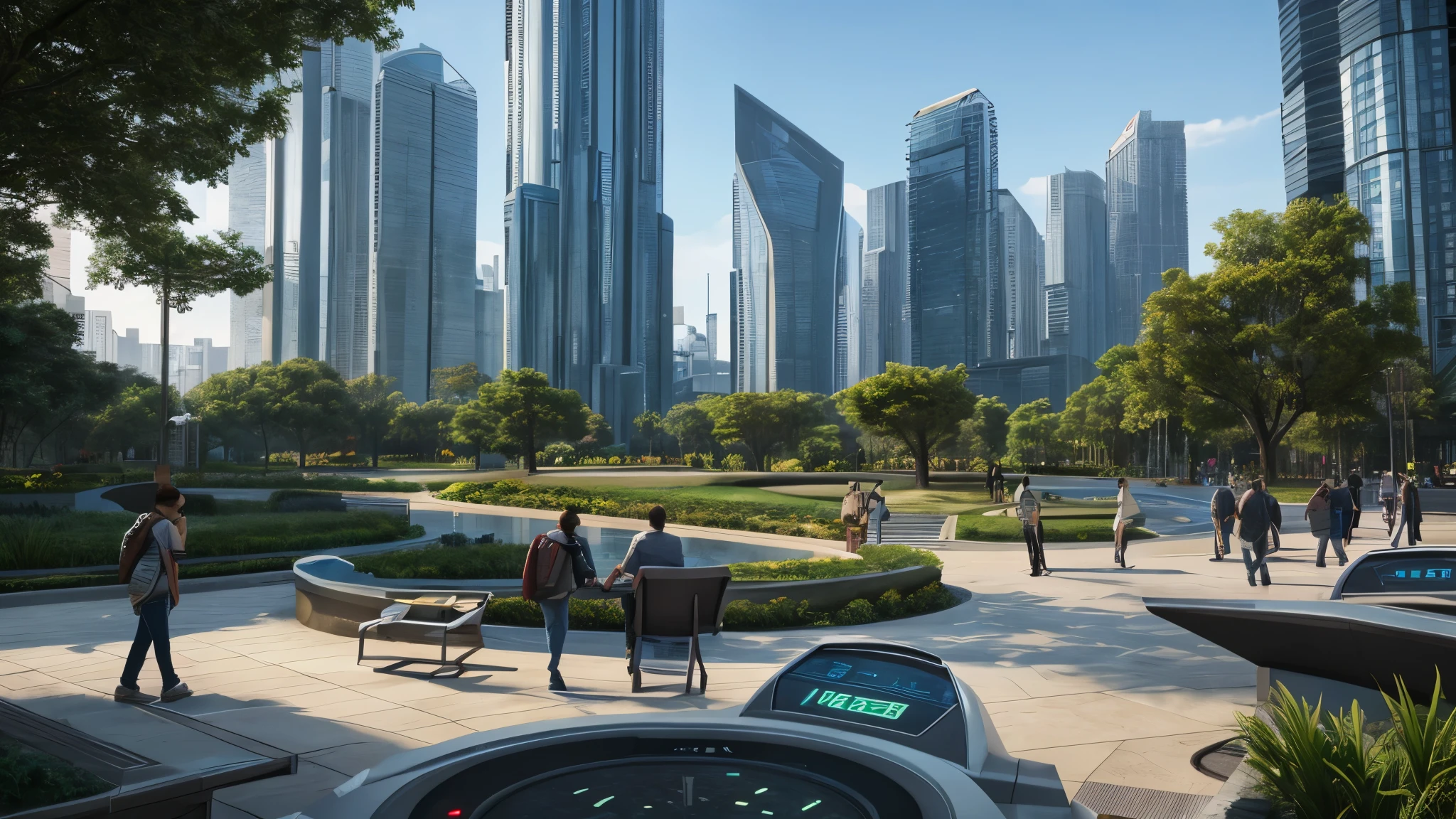 scifi, beautyful futuristic park, architectual, organic skyscraper, space design, cyberpunk, futuristic, lake, people, hightech, hard-surface design, daylight, much tech, much electronic, very cozy, ambient light, realistic view, wide angle, year 2224