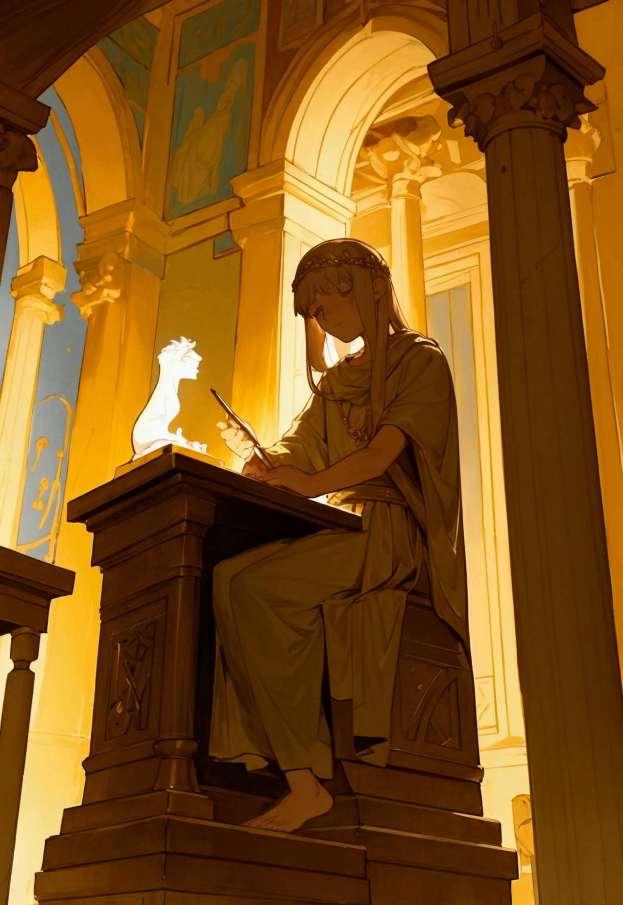 In a dimly lit Roman room with ornate columns and frescoes, Demetrios, a young Greek scholar with a thoughtful expression, sits at a desk late at night, writing a poem on a scroll of parchment. The atmosphere is tense yet filled with hope, as the soft glow of an oil lamp illuminates his focused face and the intricate Greek letters on the parchment. Nearby, a small statue of the Muse Calliope stands, symbolizing inspiration. The scene captures the quiet intensity of the moment, with Demetrios fully immersed in his task, knowing that this poem is his key to freedom and a return to his homeland