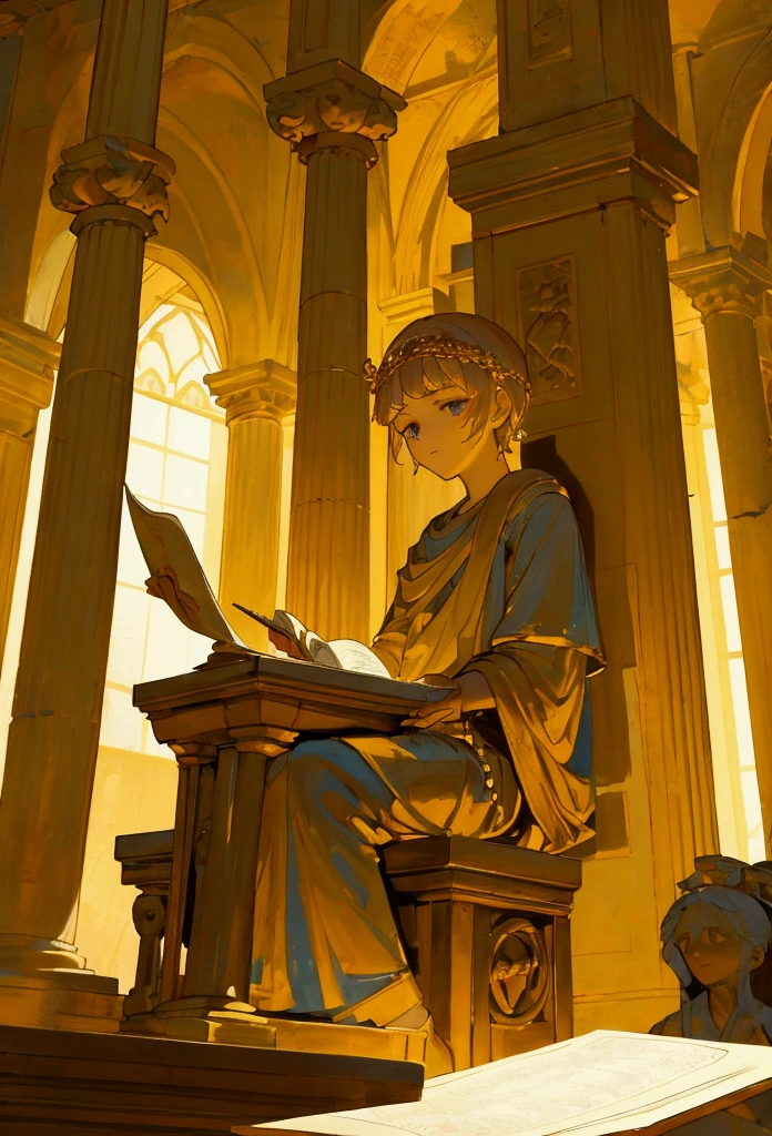 In a dimly lit Roman room with ornate columns and frescoes, Demetrios, a young Greek scholar with a thoughtful expression, sits at a desk late at night, writing a poem on a scroll of parchment. The atmosphere is tense yet filled with hope, as the soft glow of an oil lamp illuminates his focused face and the intricate Greek letters on the parchment. Nearby, a small statue of the Muse Calliope stands, symbolizing inspiration. The scene captures the quiet intensity of the moment, with Demetrios fully immersed in his task, knowing that this poem is his key to freedom and a return to his homeland