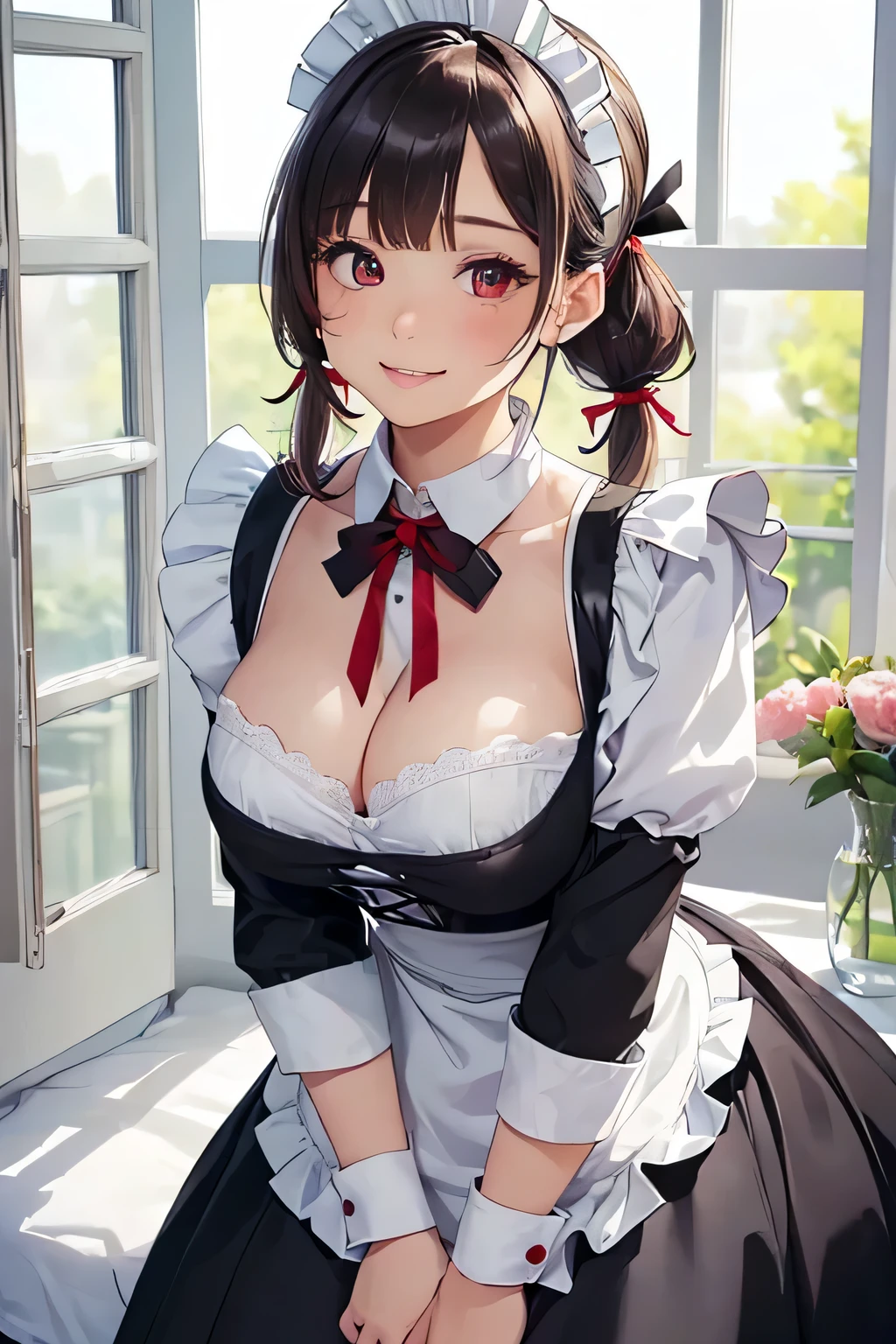 Highest quality、High resolution、Detailed Background、(Beautiful face in every detail:1.4)、Anatomically correct、(Normal number of fingers:1.2)、(Highly detailed face)、Detailed red eyes、age beauty、(Huge breasts:1.2)、Perfect body line、Light color hair、ponytail、Twin tails、Bobcut、well-groomed eyebrows、Cute Eye Makeup、Cute Lip Makeup、Cute gestures、A big smile、
(A beautiful maid looking at you from the window in her room:1.5)、
Pair a black dress with a white apron、Apron frills and ribbons design、Sleeves and aprons are designed with lace and chiffon、Ribbons and head accessories、Add ribbons to your dress or apron, or match ribbon hair accessories.、The right accessories and shoes、very beautiful