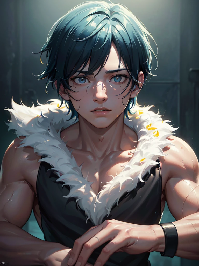 a young boy adult with athletic physique,covered in scars,adorable face,large round black eyes with yellow pupils,messy cyan blue hair,(best quality,4k,8k,highres,masterpiece:1.2),ultra-detailed,(realistic,photorealistic,photo-realistic:1.37),highly detailed portrait,dramatic lighting,moody cinematic lighting,hyper detailed,vibrant colors,digital painting