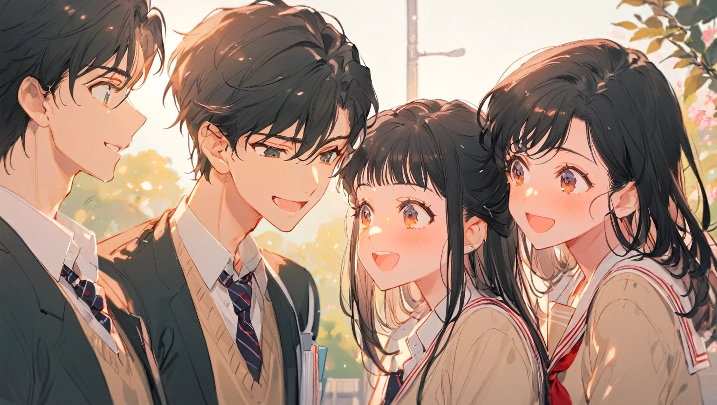 (Men and women), Black Hair, ((high school student, school uniform)), Look at each other, Laugh