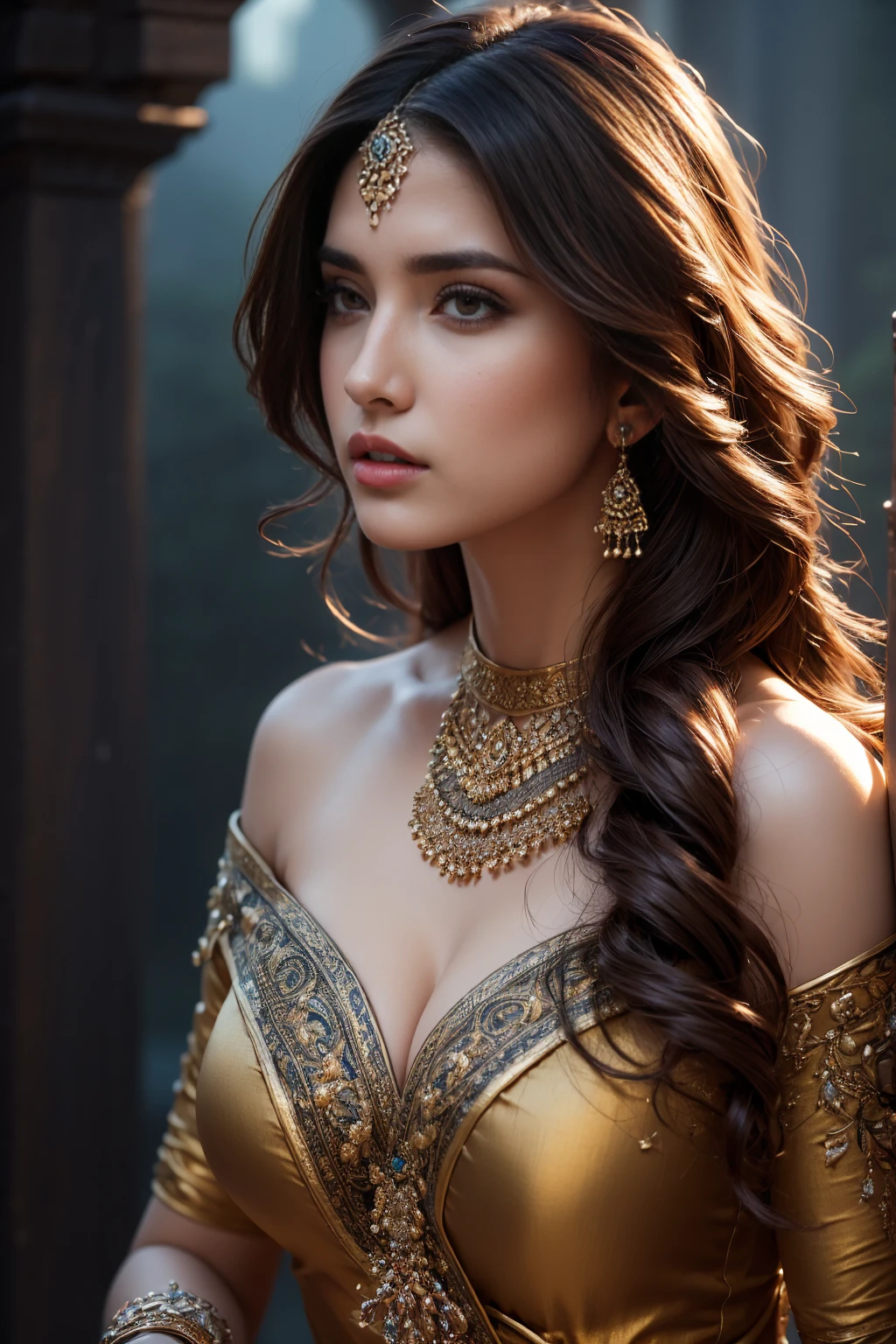 best quality,4k,8k,highres,masterpiece:1.2),ultra-detailed,(realistic,photorealistic,photo-realistic:1.37),Al-Uzza, the ancient Arabian goddess of beauty and black magic, off-shoulder, extremely detailed face and eyes, long eyelashes, detailed lips, intricate jewelry, flowing dress, ornate background, warm lighting, fantasy art, cinematic composition, dramatic lighting, dramatic pose, dramatic expression, cinematic shot, detailed fabric textures, dynamic composition, rich colors, dramatic chiaroscuro, mystical atmosphere