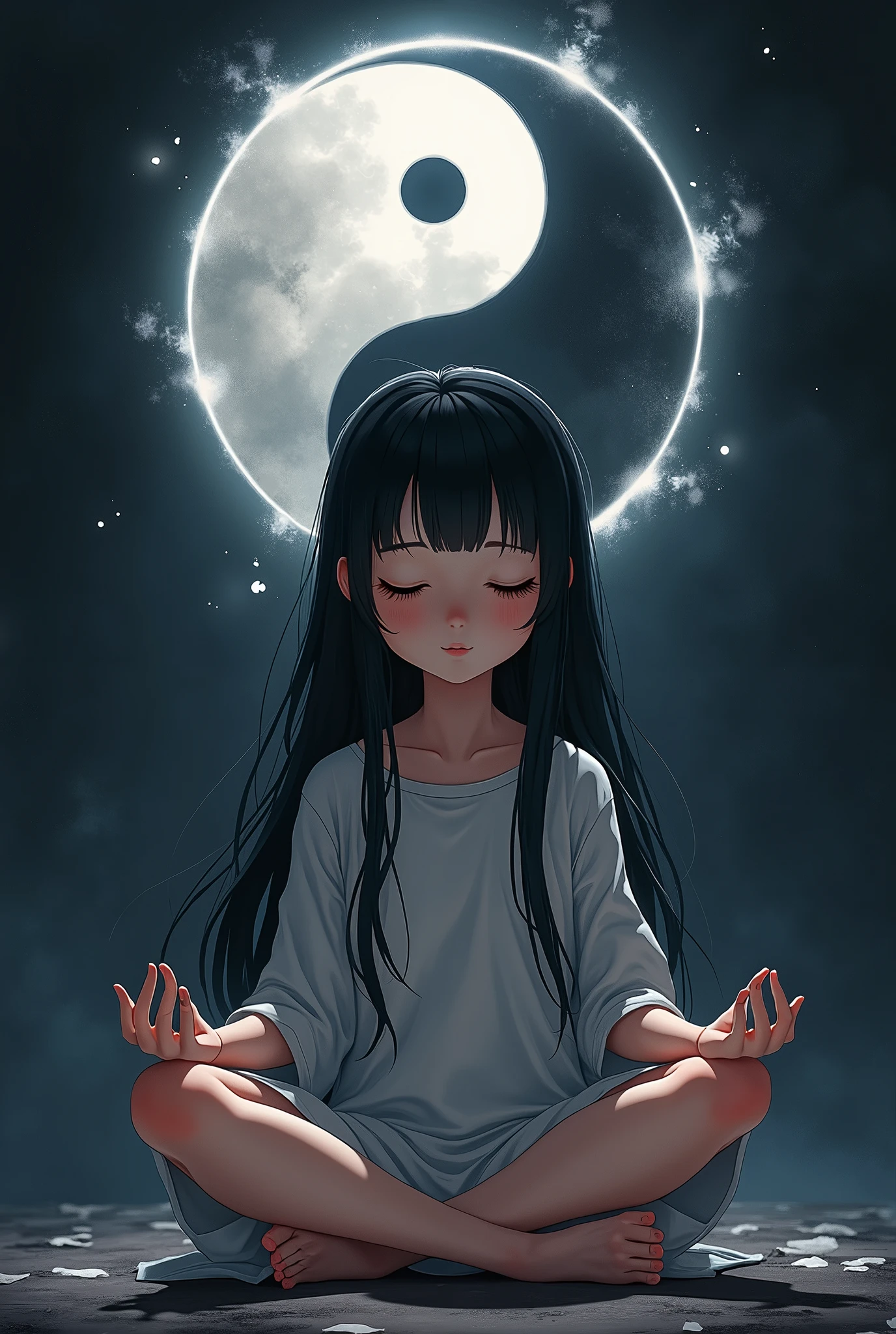 a child girl of meditating, long black hair, as she meditates dark and white shadows form the yin yang symbol above her, anime style, (best quality,4k,8k,highres,masterpiece:1.2),ultra-detailed,(realistic,photorealistic,photo-realistic:1.37),detailed eyes,detailed lips,extremely detailed face,long eyelashes,beautiful girl,peaceful expression,sitting in lotus position,meditation pose,dark shadows,white shadows,yin yang symbol,anime art style,dark and light contrast,dramatic lighting,vivid colors faca que saia uma aurea dela tipo um ki