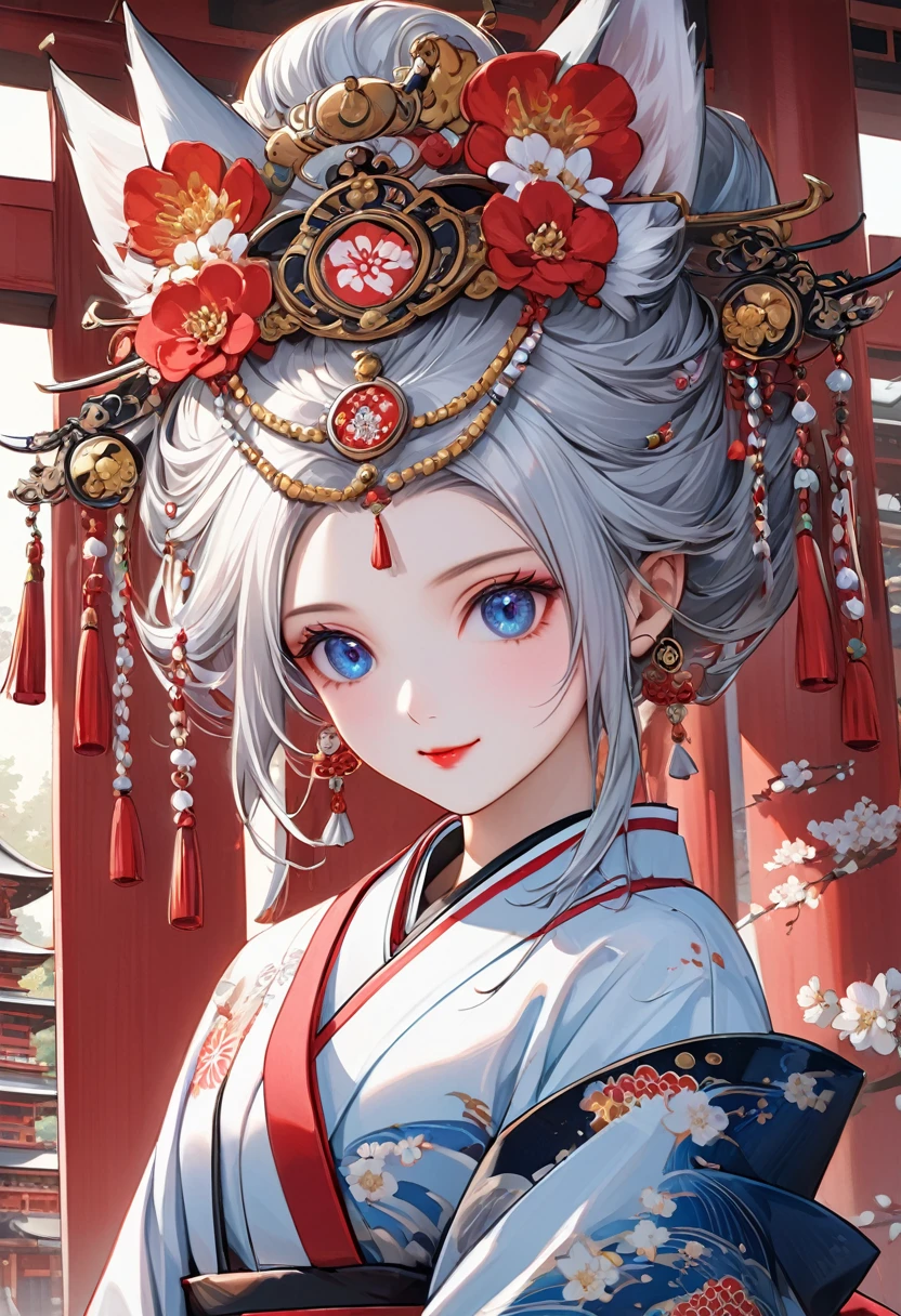 Ink painting, (((1 girl))), (((Tattoo in the middle of the forehead))),(((In the background is the Akatsuki moon))), (((Oiran))), (((Great hair accessories))), Demon possession, ((Masterpiece:1.2)), ((Highest quality)), Extremely detailed and delicate illustration style, Detailed leather texture, Detailed canvas texture, Very detailed description, (Masterpiece T), Extremely beautiful illustration, Highly detailed face, Raw image, professional, Ultra-high resolution panel, Complex details, Superior detail, Intricate decoration details, Perfect anatomy, real, (A very beautiful and kind silver fox woman or girl with blue eyes wearing a kimono), ((Beautiful silver fox ears)), (Beautiful silver fox tail), (Beautiful and shiny silver hair), (Beautiful and clear blue eyes), (Beautiful detailed eyes:1.6), ((Japanese temple priestess style: 1.7)), (Traditional tailored outfit), Front view, White flower kimono, Long red hakama skirt, A maxi skirt, Modestly dressed, He smiles, ((Standing and looking at me)), ((The day)), (Extremely detailed and beautiful Japanese temple construction), (8K Highest quality wallpaper), (Extremely detailed and delicate background)
