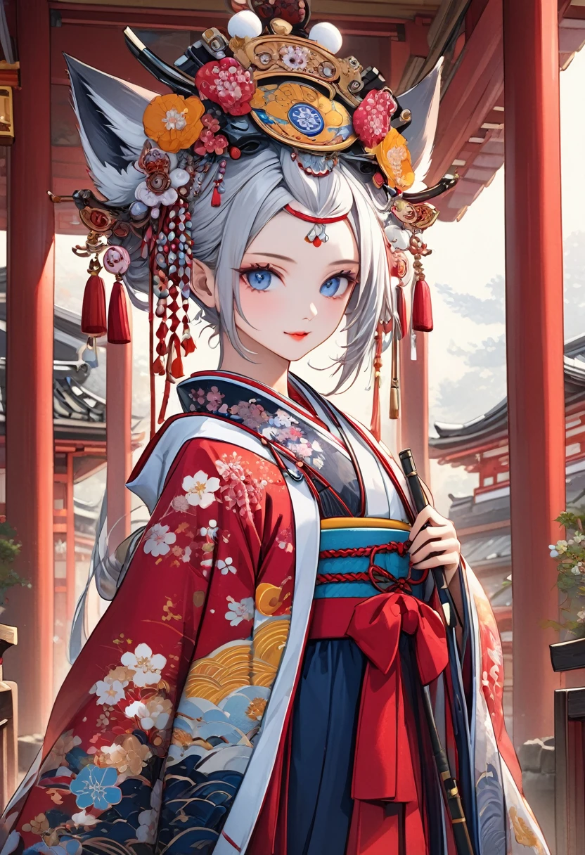 Ink painting, (((1 girl))), (((Tattoo in the middle of the forehead))),(((In the background is the Akatsuki moon))), (((Oiran))), (((Great hair accessories))), Demon possession, ((Masterpiece:1.2)), ((Highest quality)), Extremely detailed and delicate illustration style, Detailed leather texture, Detailed canvas texture, Very detailed description, (Masterpiece T), Extremely beautiful illustration, Highly detailed face, Raw image, professional, Ultra-high resolution panel, Complex details, Superior detail, Intricate decoration details, Perfect anatomy, real, (A very beautiful and kind silver fox woman or girl with blue eyes wearing a kimono), ((Beautiful silver fox ears)), (Beautiful silver fox tail), (Beautiful and shiny silver hair), (Beautiful and clear blue eyes), (Beautiful detailed eyes:1.6), ((Japanese temple priestess style: 1.7)), (Traditional tailored outfit), Front view, White flower kimono, Long red hakama skirt, A maxi skirt, Modestly dressed, He smiles, ((Standing and looking at me)), ((The day)), (Extremely detailed and beautiful Japanese temple construction), (8K Highest quality wallpaper), (Extremely detailed and delicate background)