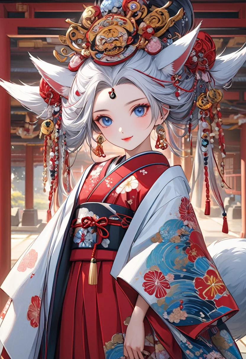 Ink painting, (((1 girl))), (((Tattoo in the middle of the forehead))),(((In the background is the Akatsuki moon))), (((Oiran))), (((Great hair accessories))), Demon possession, ((Masterpiece:1.2)), ((Highest quality)), Extremely detailed and delicate illustration style, Detailed leather texture, Detailed canvas texture, Very detailed description, (Masterpiece T), Extremely beautiful illustration, Highly detailed face, Raw image, professional, Ultra-high resolution panel, Complex details, Superior detail, Intricate decoration details, Perfect anatomy, real, (A very beautiful and kind silver fox woman or girl with blue eyes wearing a kimono), ((Beautiful silver fox ears)), (Beautiful silver fox tail), (Beautiful and shiny silver hair), (Beautiful and clear blue eyes), (Beautiful detailed eyes:1.6), ((Japanese temple priestess style: 1.7)), (Traditional tailored outfit), Front view, White flower kimono, Long red hakama skirt, A maxi skirt, Modestly dressed, He smiles, ((Standing and looking at me)), ((The day)), (Extremely detailed and beautiful Japanese temple construction), (8K Highest quality wallpaper), (Extremely detailed and delicate background)