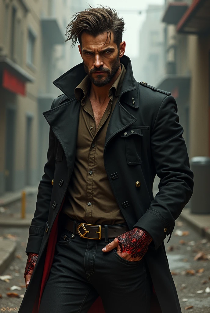 
He has brown hair styled in a quiff and a slightly long, messy beard. His right eye is brown, while his left eye has a black sclera with a yellow iris. He wears an open black trench coat with red details, a disheveled brown shirt underneath, and tattered black pants. A large golden buckle adorns his waist. His most striking feature is his demonic left arm. He also has a scar on his face. He is American, with a strong sense of brotherhood, and is always seen smoking.