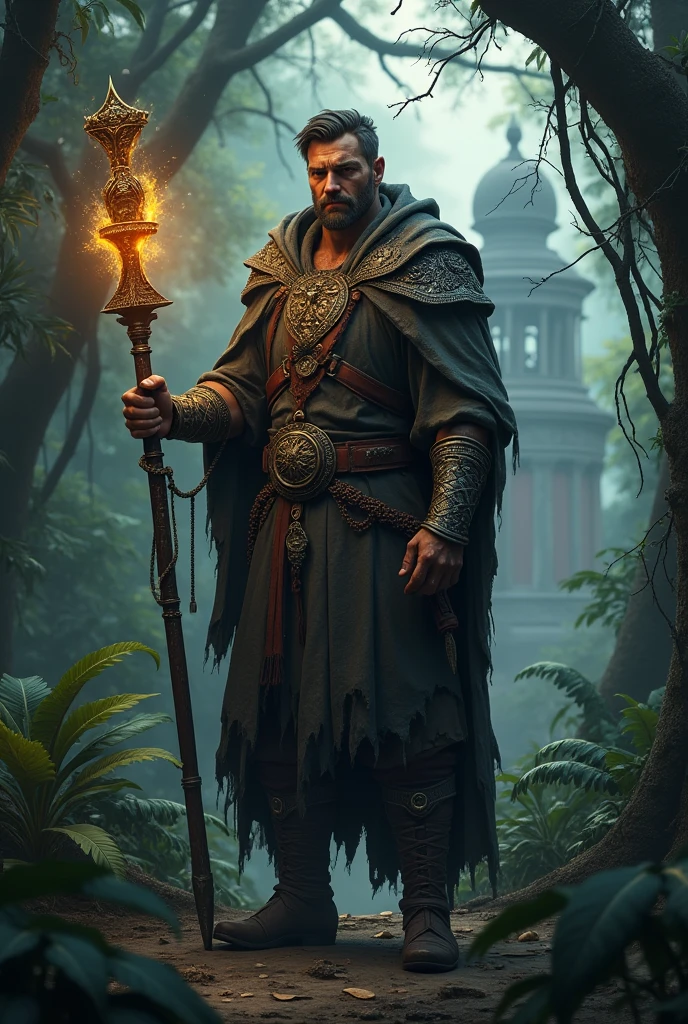 Create an image of Galen, a battle-hardened mercenary from a fictional medievial worl. He should have a rugged apperance, with a not muscular build. Vorn wears a mix of worn-out robe suit and chainmail, showing sings of wear but still functional. He carries a mysterious, ancient staff with intricate carving and faint, glowing aura. His expression is serious and determined, reflecting his rentless pursuit of truth and power. Vorn stands in dense, dark jungle with tall, exotic plants around him, The evironment should fell mysterious and foreboding, with the distant silhouette of ancient ruins. paritally visible through the foliage. The overral atmosphere should be tense and eerie, capturing the sens of and impending discovery of danger