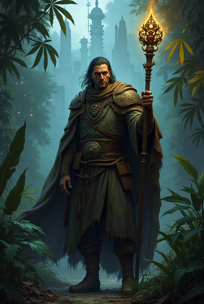 Create an image of Galen, a battle-hardened mercenary from a fictional medievial worl. He should have a rugged apperance, with a not muscular build. Vorn wears a mix of worn-out robe suit and chainmail, showing sings of wear but still functional. He carries a mysterious, ancient staff with intricate carving and faint, glowing aura. His expression is serious and determined, reflecting his rentless pursuit of truth and power. Vorn stands in dense, dark jungle with tall, exotic plants around him, The evironment should fell mysterious and foreboding, with the distant silhouette of ancient ruins. paritally visible through the foliage. The overral atmosphere should be tense and eerie, capturing the sens of and impending discovery of danger