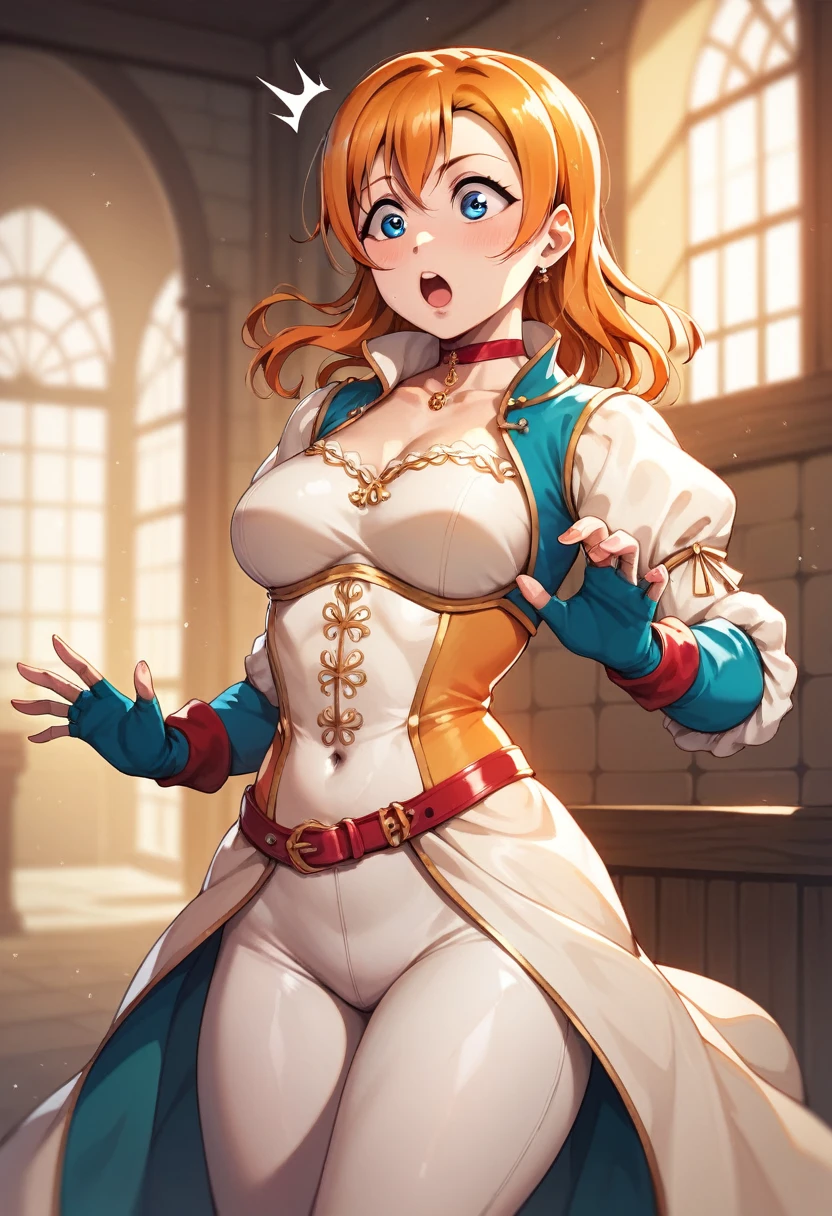 wow,masterpiece, solo,best quality, backlight effect, thighs, blue eyes ,(lipstick:0.7), kousaka honoka love live, skin tight, red choker, blue fingerless gloves, orange hair, surprised, standing, medieval village 