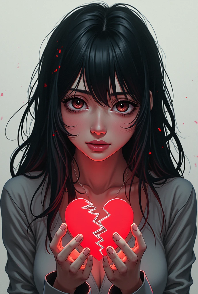 You can make a picture of a girl of Latin origin with black hair. Half chubby girl with desperate and crazy appearance with a broken heart because she is obsessed with anime style dating apps like jinx from lol