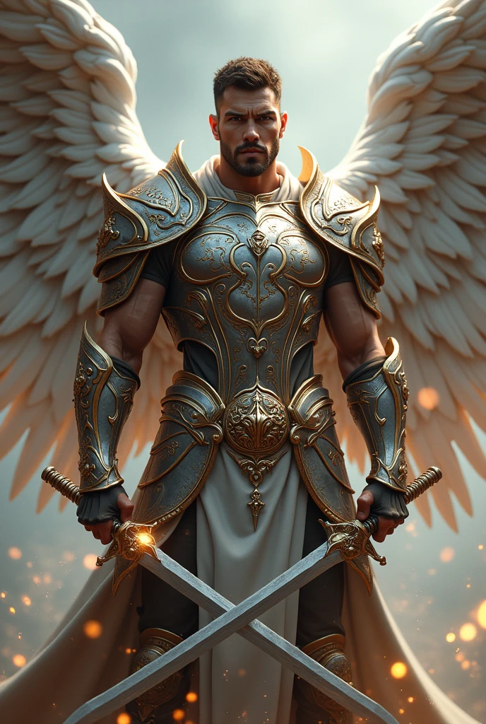 (photorealism:1.2), Badass Warrior, Angel, sexy male face, fully armored in angelic theme, holding a sword, Big wingspan,