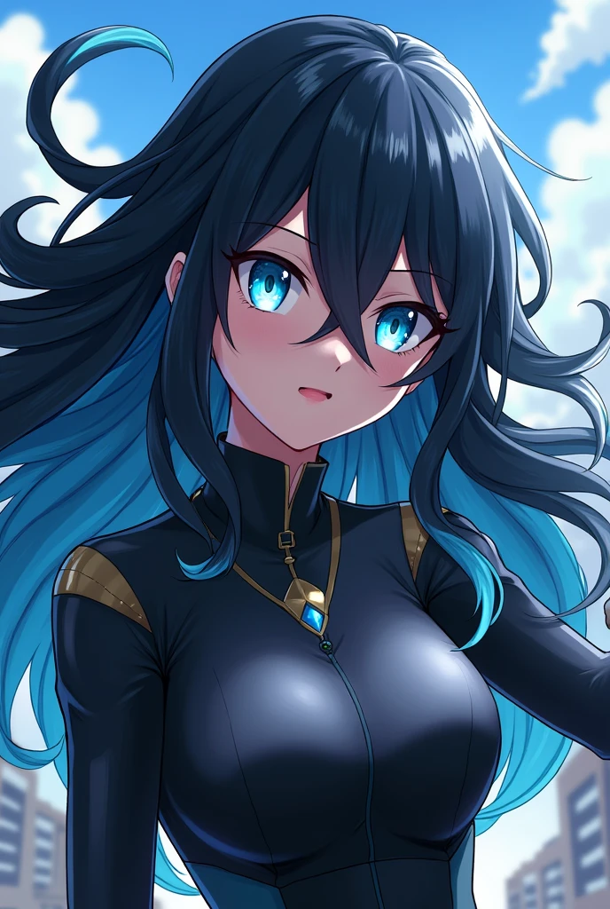 A character from my hero academia with black hair and light blue tips and light eyes, girl