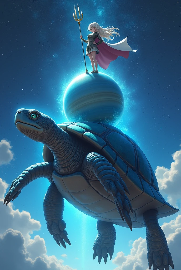 (Pictureanime) A magical turtle that has a planet as its back almost orb liked, with a anime girl on it. The girl has a cape and Trident and somewhat armored. 
the turtle should be the main forcus and the girl can be seen on its head riding it. There should be no clouds or anything since they are in the middle of the galaxy and the background include stars and a planet representing what the turtles element is. Since its Neptune the turtle should be almost water based like an elemental and they should be facing us
