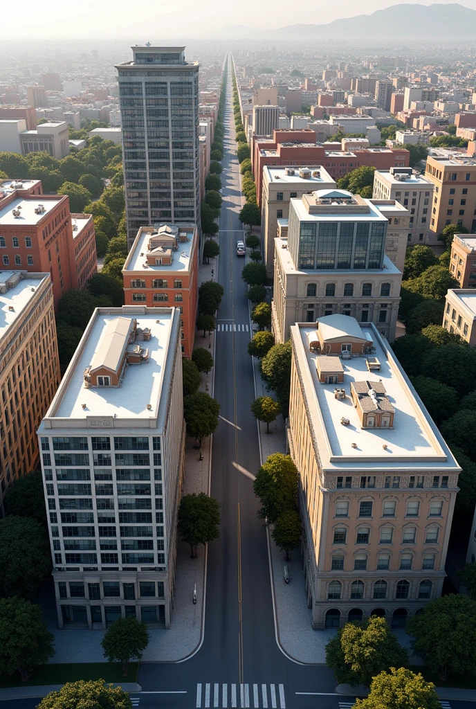 You have semi-tall residential and office buildings that are separated, with a different design each one of them on an avenue in the city of Arequipa. Have an aerial view