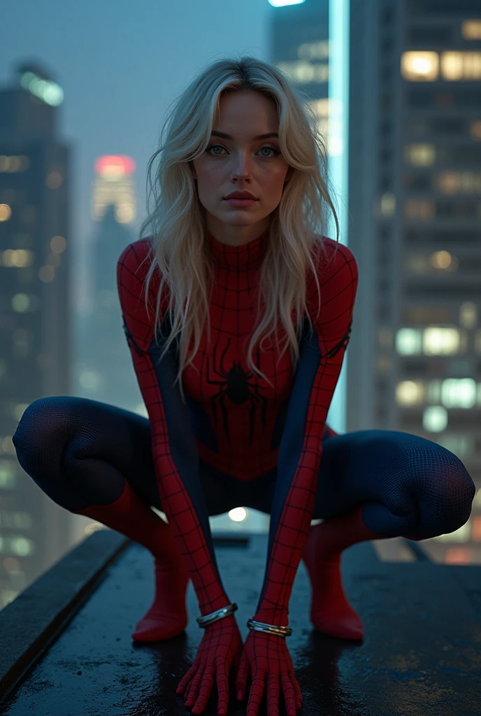 A Masterpiece, 4k, Hyperdetailed, photorealistic, beautiful 28 year old woman, Emma Stone as spider-gwen, spider-gwen costume, half-smile, exquisite facial features, exposed breasts, visible , exposed legs, exposed body, exposed vagina, visible pussy, sexy, perfect body, slender body, nsfw, naked body, crouching on the rooftop of a tall building, crouching like Spider-Man, legs spread, nighttime, dark metropolis at night in background, legs open, low-angle shot, worms-eye view, perfect lighting, beautiful woman, detailed body, using spider-gwen cosplay, detailed spider-gwen emblem on chest, 1girl, solo, panorama, Nikon, masterpiece, super detail, award winning, 16k, textured skin, highly detailed skin, realistic skin details, beautiful sexy face, visible pores, sharp focus, volumetric fog, 8k uhd, DSLR, high quality, film grain, photo realism