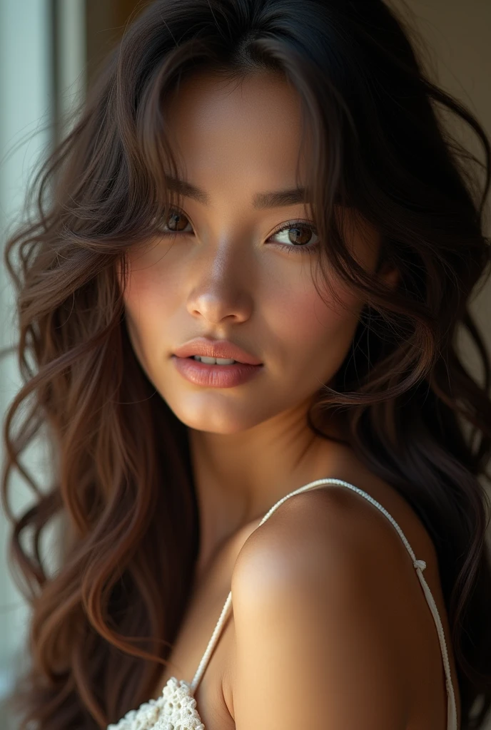 Pretty beautiful brunette, angle parfait, very detailed, , visage affectueux, long messy hair, Brown eyes, high resolution, head of'artwork, best quality,intricate details, very detailed,sharpness, detailed skin,realistic skin texture,texture, detailed eyes, professionnel, 4K, ssmile, shot with Canon, 85mm,shallow depth of field,kodak vision color, eye shadow, extremely detailed, photo_\(ultra\), photorealistic, realistic, Post-traitement, maximum detail, roughness, real life, ultra realistic, photorealism, la photographie, 8k uh, la photographie, sans soutien-gorge,