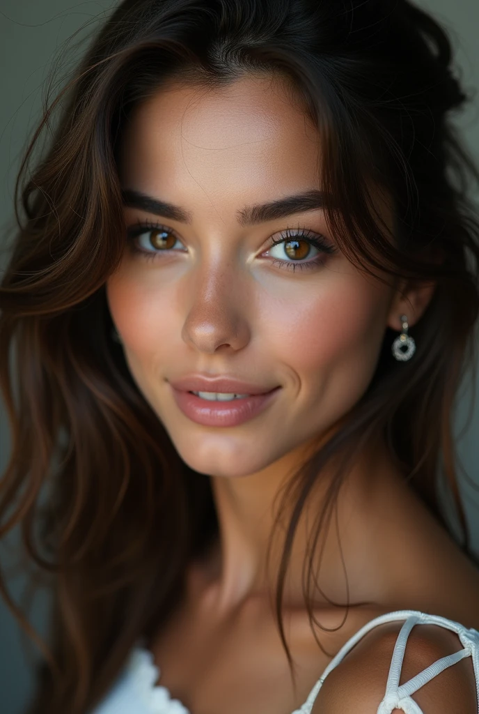 Pretty beautiful brunette, angle parfait, very detailed, , visage affectueux, long messy hair, Brown eyes, high resolution, head of&#39;artwork, best quality,intricate details, very detailed,sharpness, detailed skin,realistic skin texture,texture, detailed eyes, professionnel, 4K, ssmile, shot with Canon, 85mm,shallow depth of field,kodak vision color,  eye shadow, extremely detailed, photo_\(ultra\), photorealistic, realistic, Post-traitement, maximum detail, roughness, real life, ultra realistic, photorealism, la photographie, 8k uh, la photographie, sans soutien-gorge,