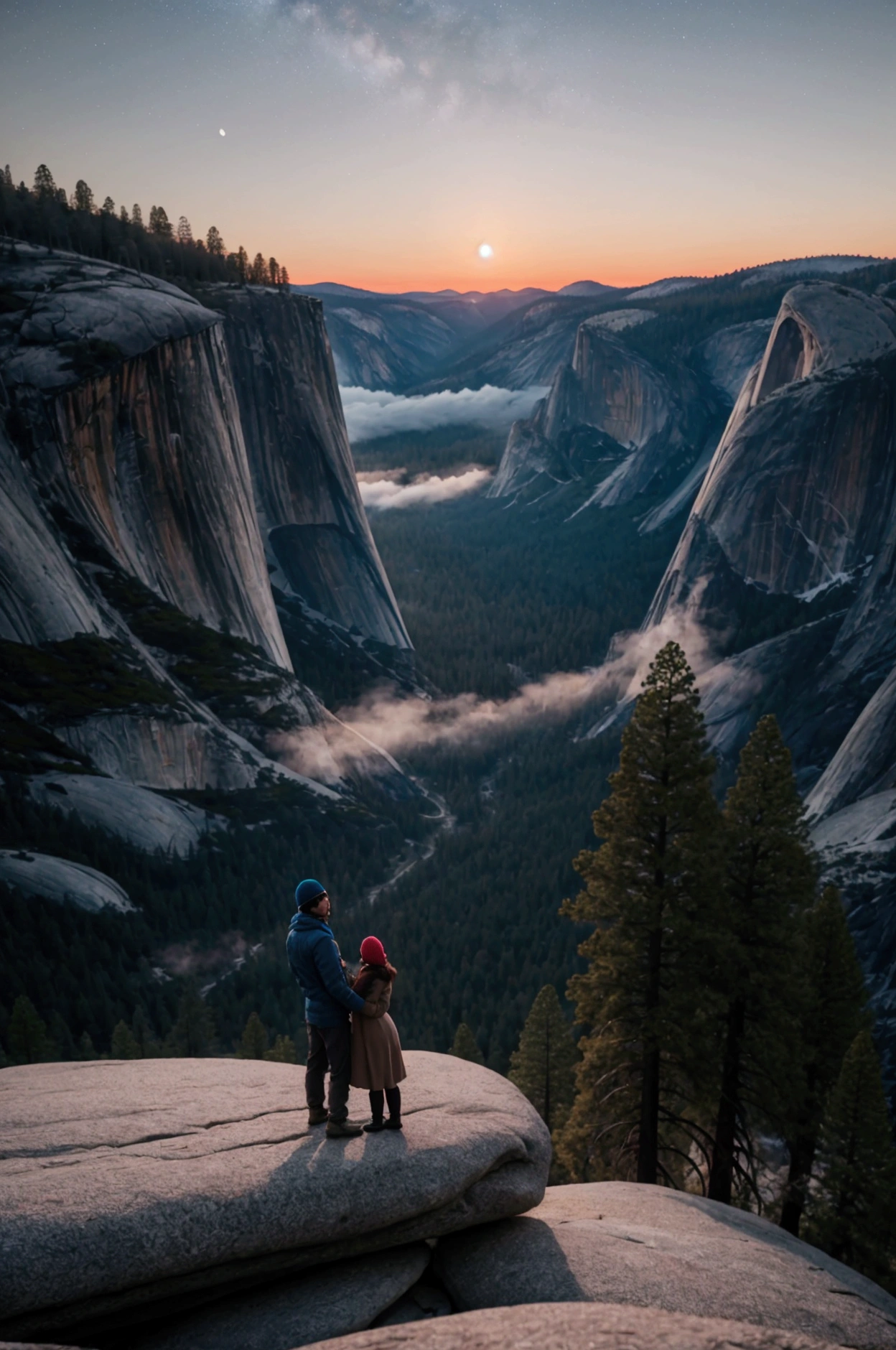 Yosemite National Park with a man and a woman on the edge of the cliff with sunset - Feeling of fear
photorealistic, best quality, hyper detailed, outdoor, (night), mountains, real life nature, stars, moon, (cheerful, happy), sleeping bag, gloves, sweater, beanie, flashlight, forest, rocks, river, wood, smoke, fog, clear sky, analog style, ultra high resolution, best shadow, raw, instagram LUT