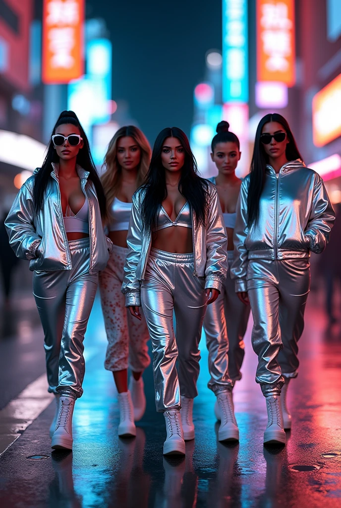 [Subject: Cyberpunk Kardashian Sisters in Futuristic Metallic Fashion] A high-resolution, cinematic Instagram image featuring all the Kardashian sisters in bold, cyberpunk-inspired outfits, set in a neon-lit, futuristic cityscape.

**Kim Kardashian** leads in a shiny, metallic silver puffer jacket paired with matching high-waisted jogger pants. Her outfit is completed with white platform boots and sleek sunglasses, giving her a commanding, futuristic look. Her hair is styled in long, straight locks, adding to the sleekness of the ensemble.

**Kourtney Kardashian** wears a similar metallic silver jacket, but pairs it with cropped cargo pants and high-top sneakers. Her look is finished with dark, futuristic sunglasses, and her hair is styled in a sharp bob, enhancing her edgy appearance.

**Khloé Kardashian** rocks a metallic silver bomber jacket over a cropped graphic top, paired with fitted joggers that have neon-lit seams. Her chunky, white boots add height, and her hair is styled in a high ponytail with sleek waves.

**Kendall Jenner** sports a metallic silver jacket with oversized collar details, paired with high-waisted cargo pants. Her look is accentuated by high-top, lace-up boots, and she wears futuristic wrap-around sunglasses. Her hair is styled in a clean, straight cut.

**Kylie Jenner** completes the group in a metallic silver hoodie with exaggerated shoulders, matched with jogger pants that have glowing digital designs. Her white platform boots and oversized visor sunglasses give her a distinctly futuristic vibe, with her hair styled in a sharp, sleek bob.

The setting is a bustling, neon-lit city street, filled with glowing billboards and a reflective wet pavement that mirrors the vibrant lights. The sisters walk together, exuding confidence and unity, perfectly blending cyberpunk fashion with a modern, metallic edge.

[Lighting: Neon city glow with cinematic reflections] [Camera: Group shot capturing all the Kardashian sisters in their metallic outfits