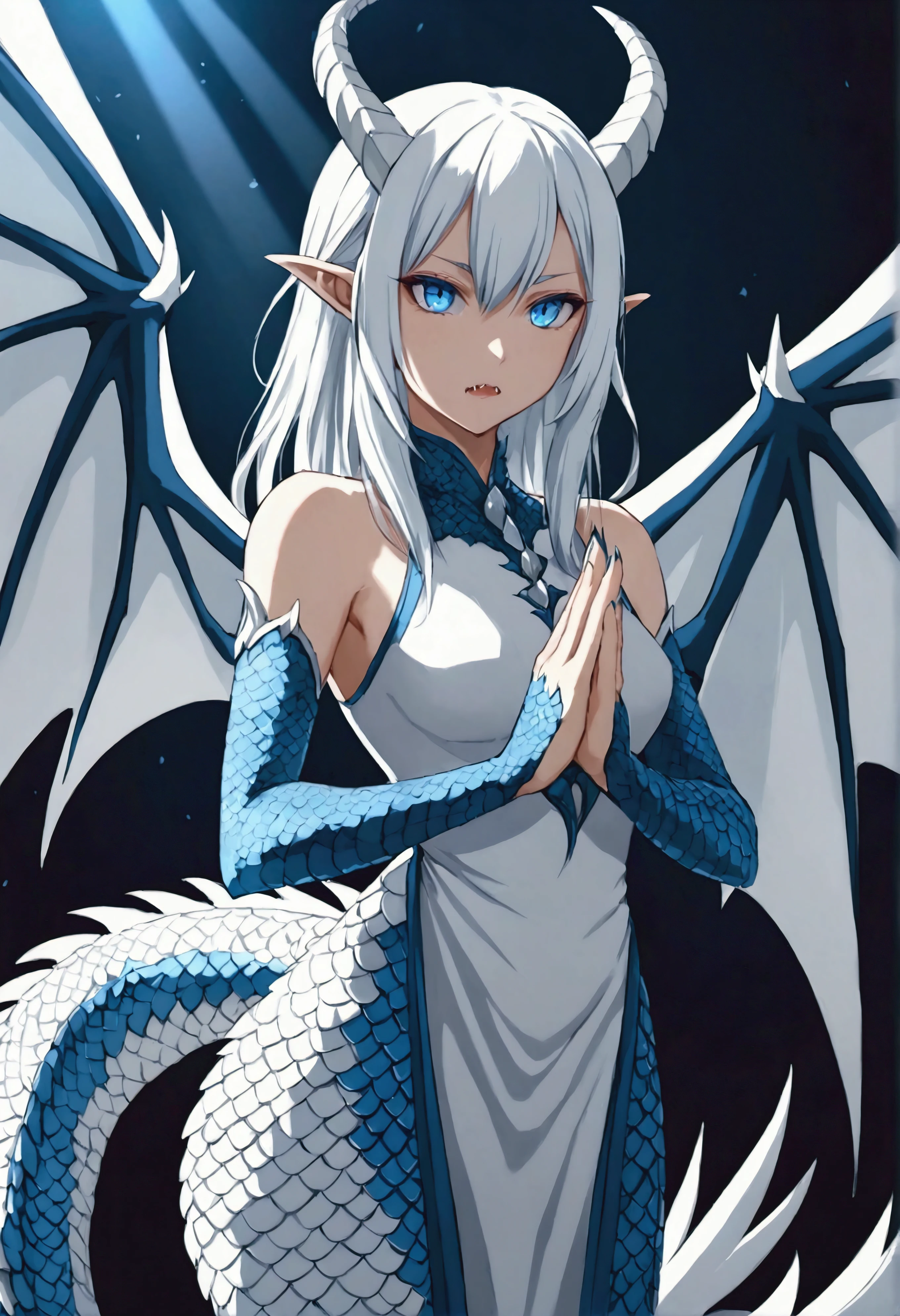 20 Female Dragon Hybrid with little horns, a Long Tail, Wings, Sharp fangs, Claw like Hands and White scales Covering her body, White Hair and blue eyes in Anime Style