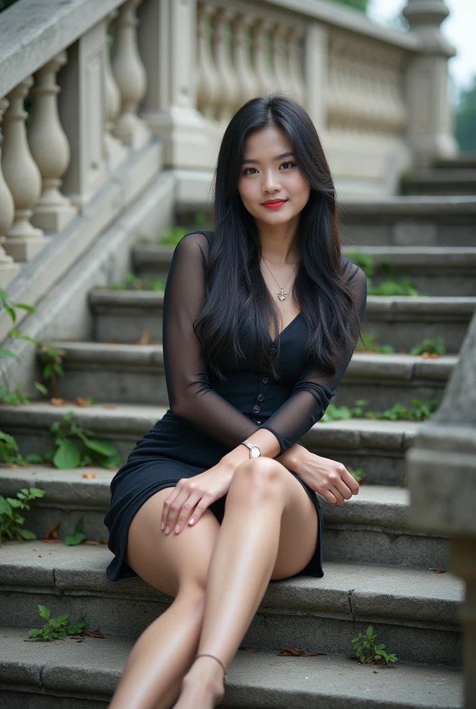 A beautiful asian and young girl.Her facial features are exquisite and fully conform to the golden ratio of human anatomy...Her long,straight long black hair, Big breasts, huge chest, fat body,  beautiful scenery,  big breasts, big, big , busty , big breast,  big , wearing a sexy sheer blouse long sleeves top, skirt, sexy pose ,  big breasts , big breasts,  huge , full body shot, thick body, stairs, stilettos heels, laying back sitting on stairs, beautiful smile 