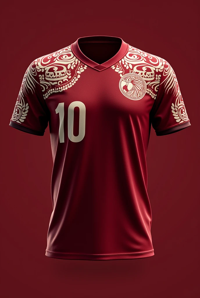 Dark red team jersey with indigenous details in off-white throughout the jersey and the small number ten on the upper left chest and on the right chest a macaw logo