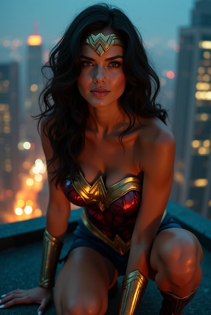 A Masterpiece, 4k, Hyperdetailed, photorealistic, beautiful 28 year old woman, Gal Gadot as Wonder woman, Wonder woman costume, half-smile, exquisite facial features, exposed breasts, visible , exposed legs, exposed body, exposed vagina, visible pussy, sexy, perfect body, slender body, nsfw, naked body, naked, crouching on the rooftop of a tall building, crouching, on the rooftop of a tall building, night time, dark metropolis at night in background, low-angle shot, worm's-eye view, perfect lighting, beautiful woman, detailed body, using Wonder woman cosplay, detailed Wonder woman emblem, 1girl, solo, panorama, Nikon, masterpiece, super detail, award winning, 16k, textured skin, highly detailed skin, realistic skin details, beautiful sexy face, visible pores, sharp focus, volumetric fog, 8k uhd, DSLR, high quality, film grain, fair skin, photo realism, full-length portrait